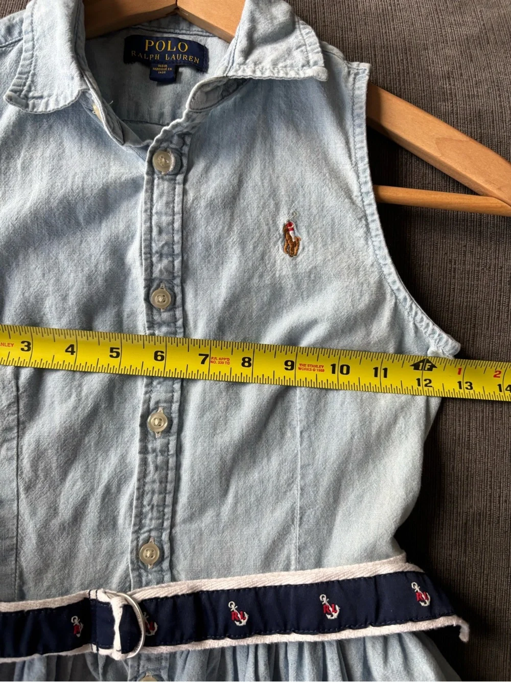 Polo Ralph Lauren Girls Sleeveless Cotton Chambray Shirtdress Anchor Belt, 12